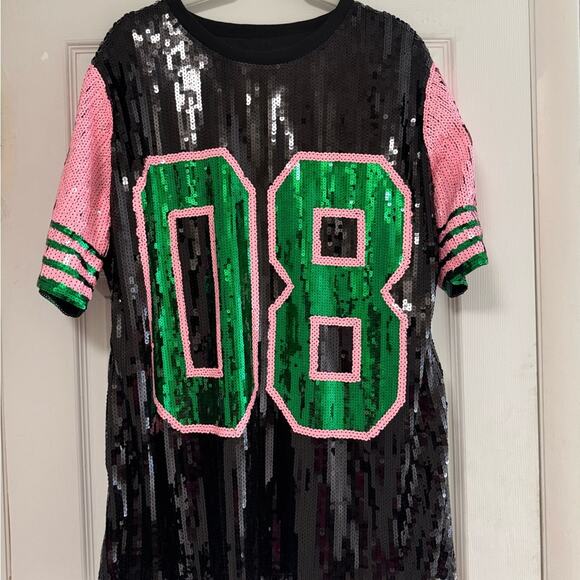 Sequin Shirt with Green and Pink Accents - Picture 1 of 2